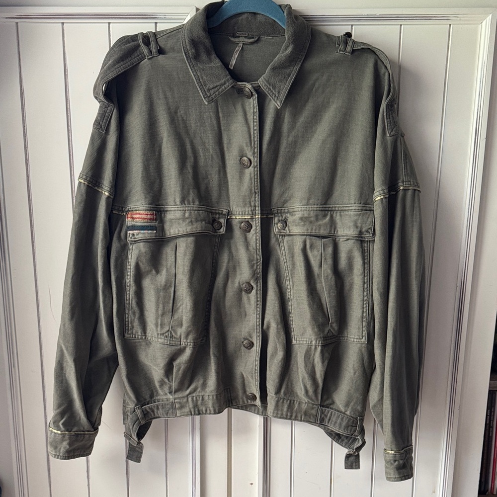 Free People Olive Green Military Field Jacket with Subtle Stripe